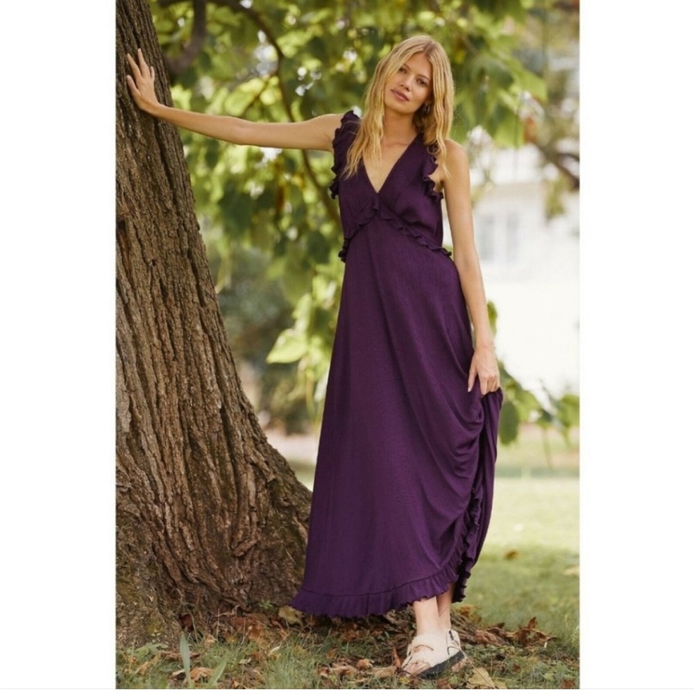 Anthropologie Deep V Ruffled Maxi Dress Adjustable Back Tie Dark Purple …size M